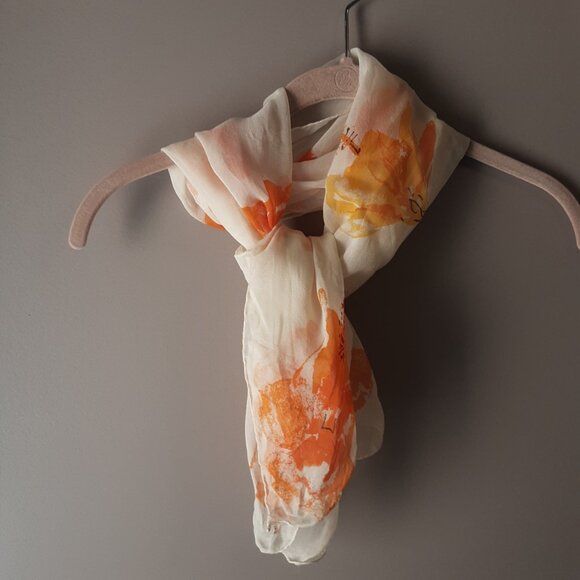Gorgeous Silk Floral Oblong Scarf Cream with Orange and Yellow - Picture 1 of 9